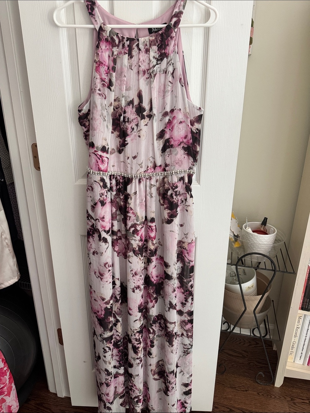 SLNY Pink and Black Floral Halter Maxi Dress
